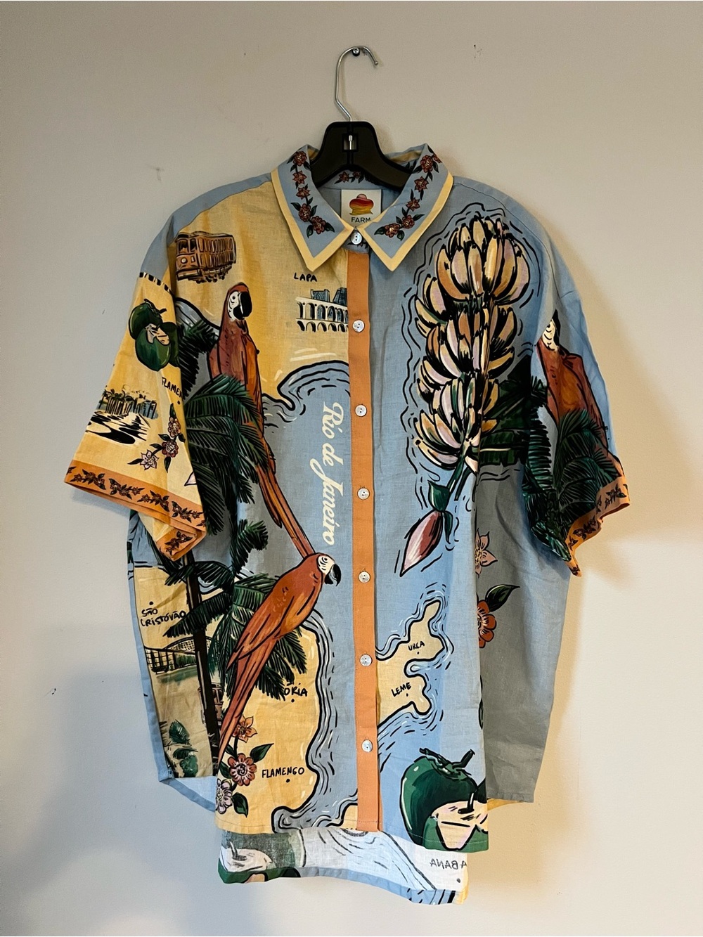 FARM Rio Sky Blue & Yellow Tropical Parrot Button-Down Shirt